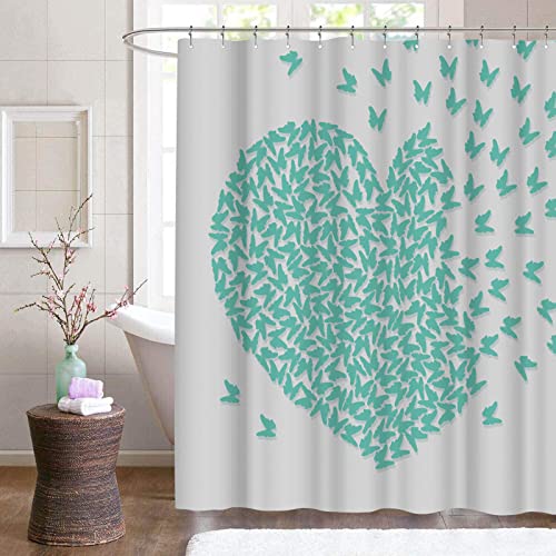 Fushvre Teal Heart Shower Curtain Teal Green Butterfly Love Theme Bath Curtain Grey Pattern Fabric Bathroom Decor Waterproof Cloth 12 Plastic Hooks Included 72"X 72" #TOP2