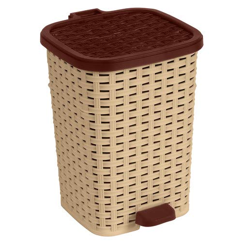 Superio Mini Trash Can with Foot Pedal Small Outdoor Garbage Can with Lid, 3 Gallon Plastic Waste Basket for Bathroom, Bedroom, Kitchen, Office, Patio (Wicker Beige 12 QT.)