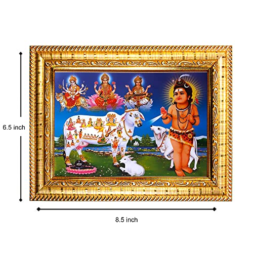 Image of Hawai Lord Shiva Kamdhenu Cow Home Decor Worship Use Wall Hanging Wooden Photo Frame, 8.5x7 inch, SFDI308 GLD FRM GRP