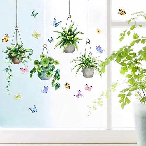 duahappy Hanging Potted Green Plant Window Clings PVC Double-Sided Floral Butterfly Anti Collision Removable Window Decals Stickers for Glass Window Wall Decorations