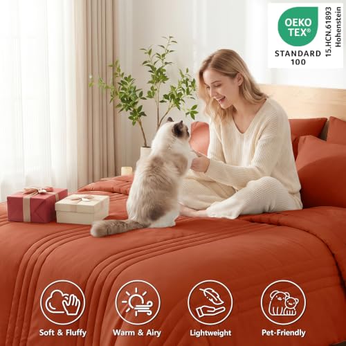 Image of CozyLux Full Size Comforter Sets Terracotta - 7 Pieces Bed in a Bag, Modern Vertical Quilted Room Decor, Soft All-Season Bedding Gift with Comforter, Sheets, Pillowcases & Shams