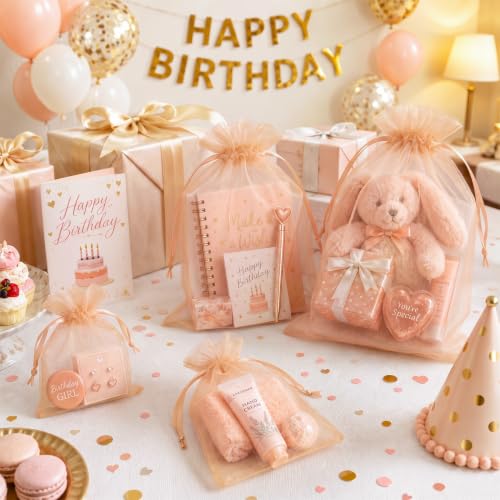 Image of FUNFERY 100PCS Peach Champagne Organza Gift Bags 5x7in,Drawstring Pouch
