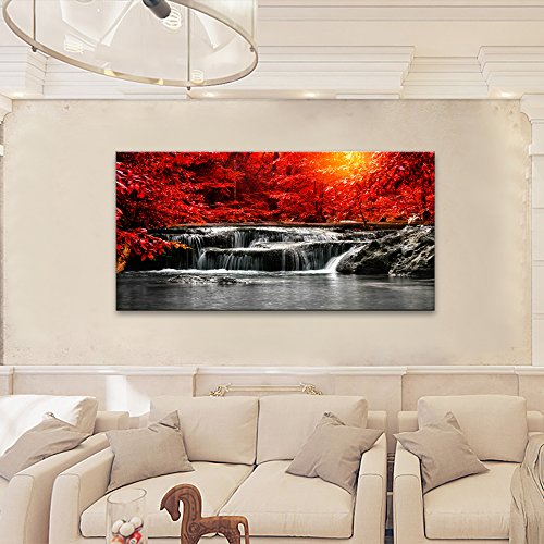 Canvas Wall Art 1 Panel Framed Prints Art Red Waterfall Wall Art Decor Landscape Picture Print On Canvas Modern Large Artwork Ready To Hang For Living Room Bedroom Wall Decoration 20X40Inch #TOP5