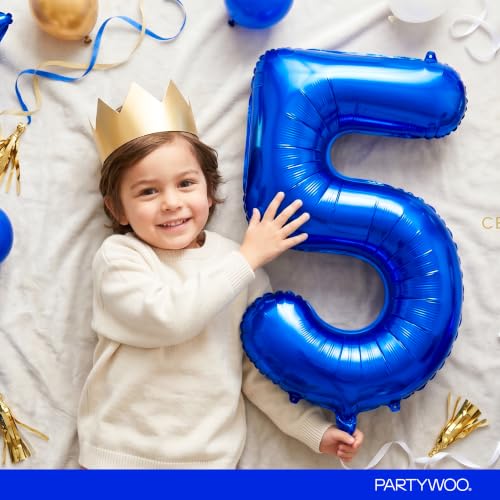 Image of PartyWoo Royal Blue Number 5 Balloon 40 Inch 25pcs Blue Star White Gold
