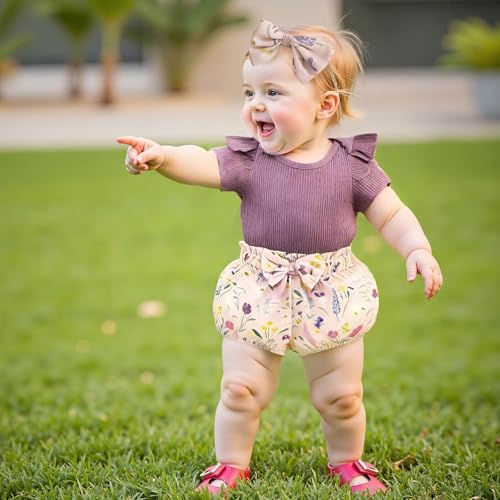 CIYCUIT Baby Girl Outfits – Summer Ruffle Ribbed Bodysuit Floral Print Shorts & Bow Headband – 3-Piece Infant Clothes Set2