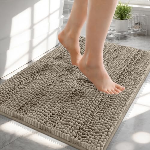 Image of OLANLY Thick Small Bathroom Rugs 24x16, Extra Soft Absorbent Chenille Striped Bath Rugs, Rubber Backing, Machine Wash, Bath Mats for Bathroom Floor, Tub and Shower, Home Decor Accessories, Warm Taupe