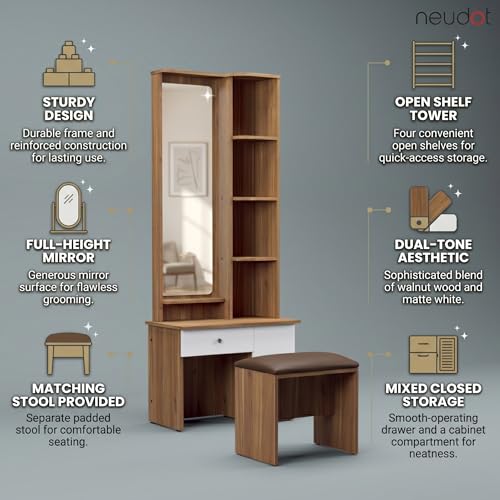 Image of NEUDOT Carlos Wooden Dressing Table with Mirror and Storage | Engineering Wood | Vanity Table with Mirror | Vanity Table for Bedroom, Living Room | 1-Year Warranty, Brown