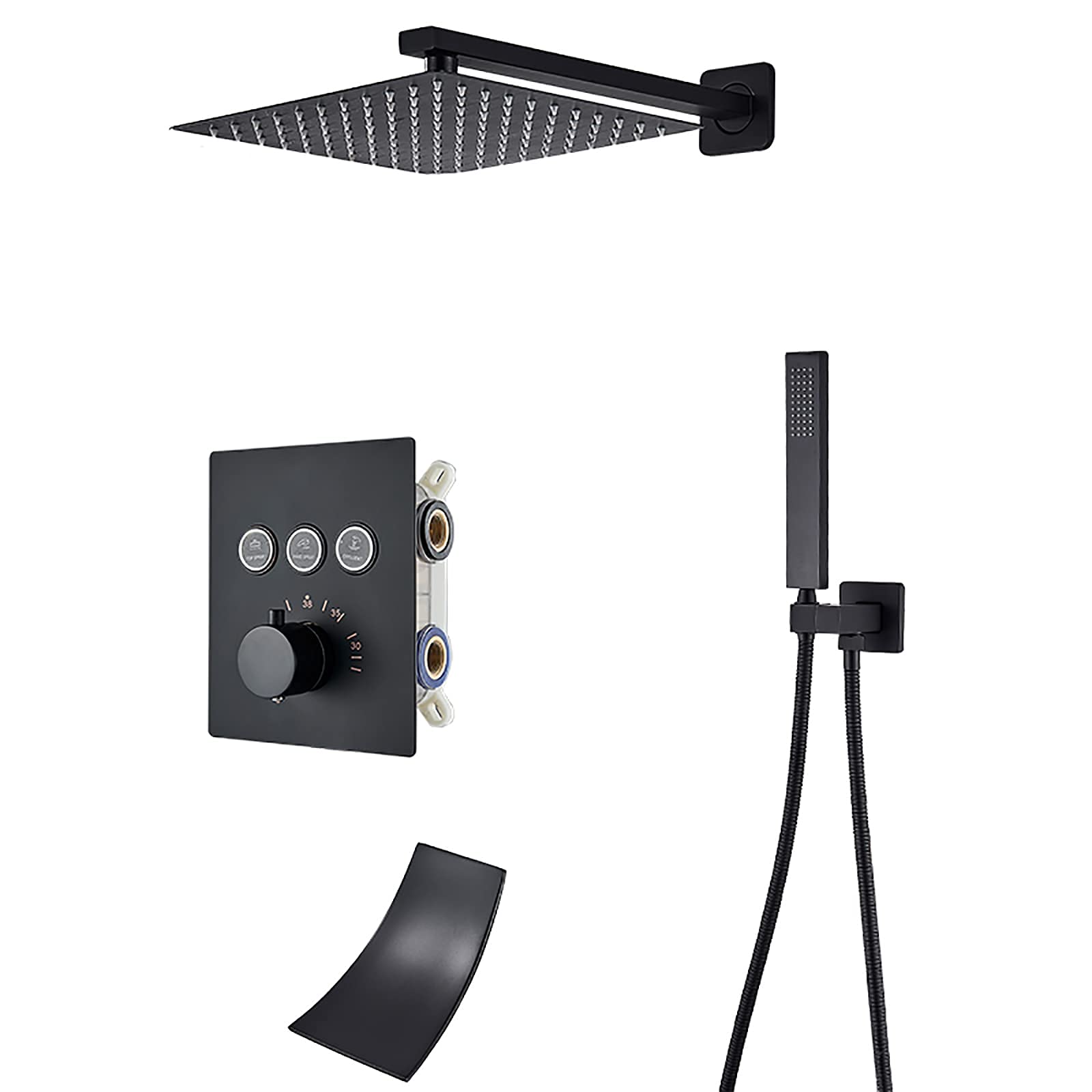 CWCQGH Thermostatic Matte Black Shower Combo Set Wall Mounted Bathroom Shower Faucet Set with Shower Head, ABS Handheld Shower, Waterfall Tub Spout,10 Inches,10 Inches