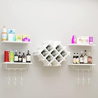 TANGZON Wall Mounted Wine Rack, Wine Glass Holder with 4 Shelves & Middle 7 Bottles Rack, Drinks Champagne Storage Display Unit for Home, Kitchen, Dining Room and Bar (White)