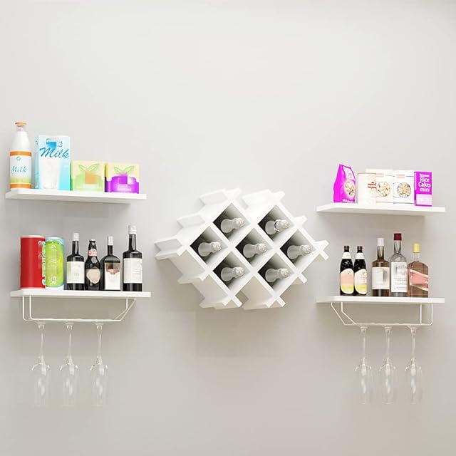 TANGZON Wall Mounted Wine Rack, Wine Glass Holder with 4 Shelves & Middle 7 Bottles Rack, Drinks Champagne Storage Display Unit for Home, Kitchen, Dining Room and Bar (White)