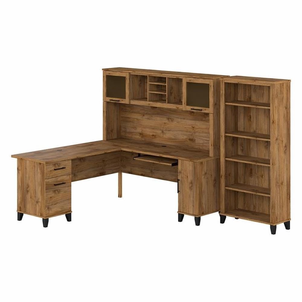 Bush Furniture Somerset 72W L Shaped Desk with Hutch and 5 Shelf Bookcase in Fresh Walnut