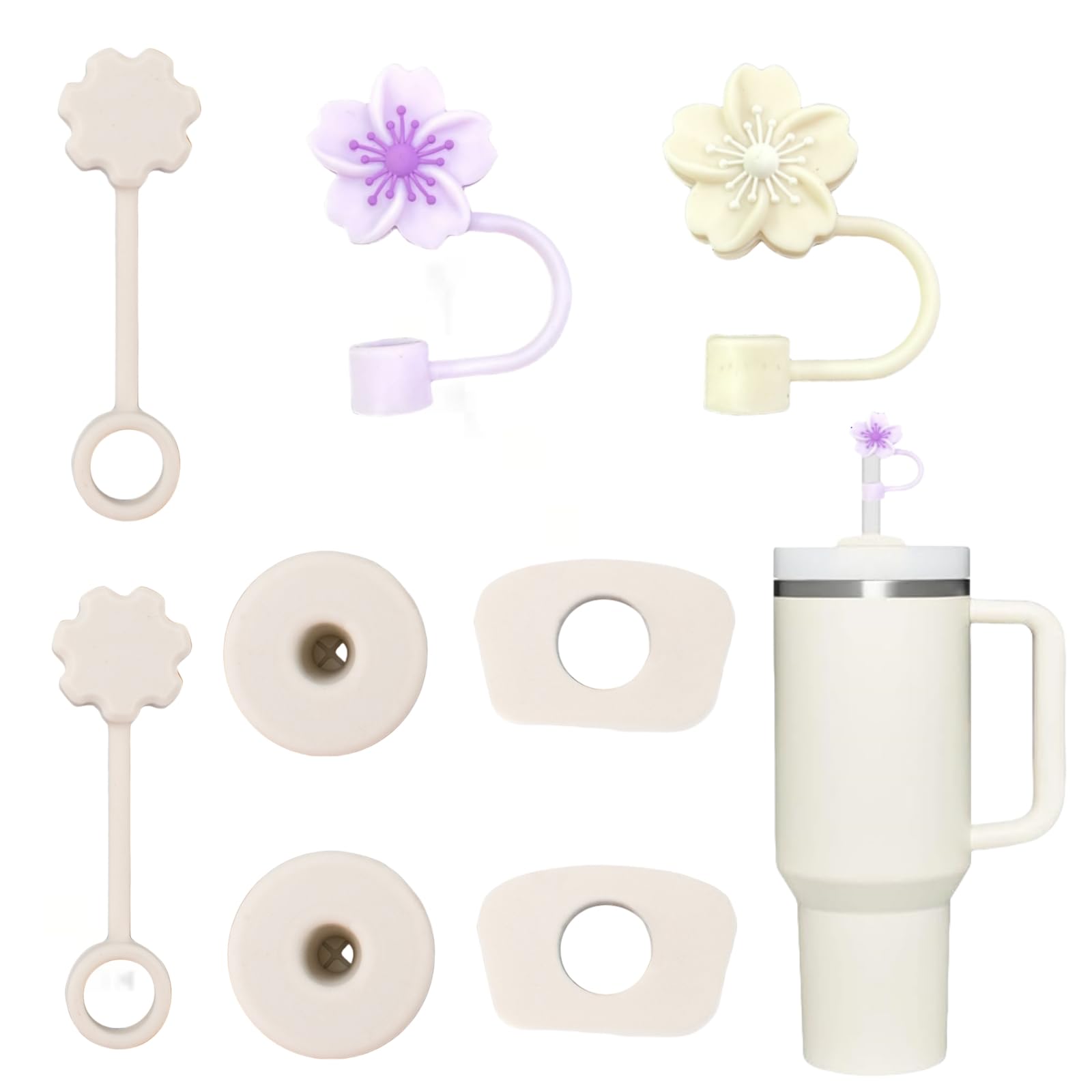 Alihoo Stanley Cup akcesoria, zawiera 4 silikonowe zatyczki, 2 sztuki słomkowych zatyczek, 2-okrągłe zatyczki do spryskiwaczy, miseczki nie wchodzą w zakres dostawy (beżowe)
