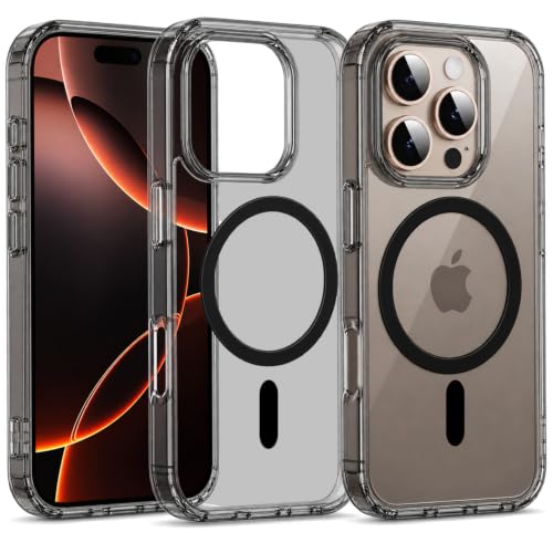 Image of Elzzi Anti Scratch Semi Transparent Cover for iPhone 16 Pro Max Case, Premium PC + TPU Magnetic Phone Cases Drop Proof,Compatible with Magsafe Slim Anti Yellowing Never Yellowing Shockproof, (Grey)