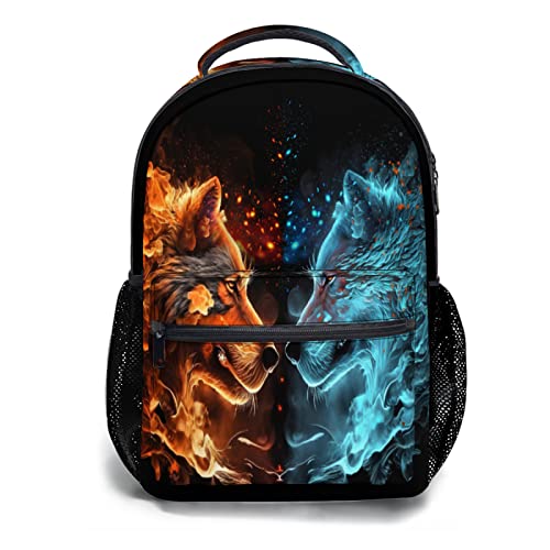 aportt Blue Red Fire Water Wolf Backpack for Boys Girls Durable Casual Basic Kids Bookbag Lightweight School Bag for Teens Students Travel Daypack