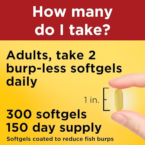 Image of Nature Made Burp Less Fish Oil Omega 3, 1200 mg Softgels, 300 Softgels | EPA DHA Omega 3 Fish Oil Supplements for Healthy Heart Support, 150 Day Supply