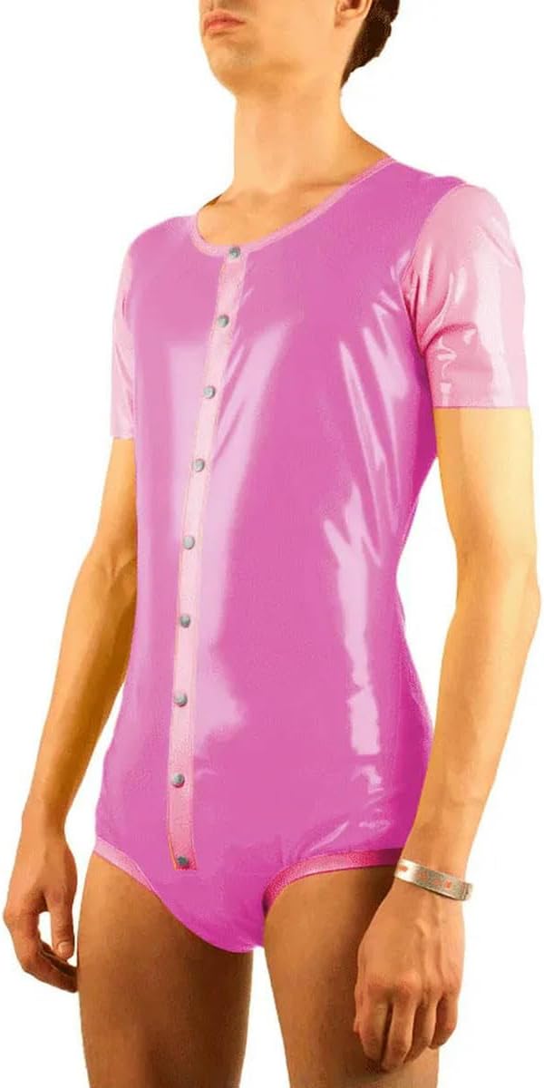 Man Costume PVC Leather Single Breasted Patchwork Bodysuits Slim Club Stage Wear Customizable Pink