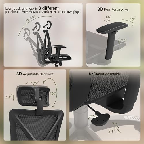 Image of ELABEST T23 Ergonomic Mesh Office Chair, High Back Computer Desk Chair, Breathable AirMesh with Dual-Move Lumbar Support, 3D Armrests & Headrest, Tilt Lock,Big and Tall for Home Office(Onyx)