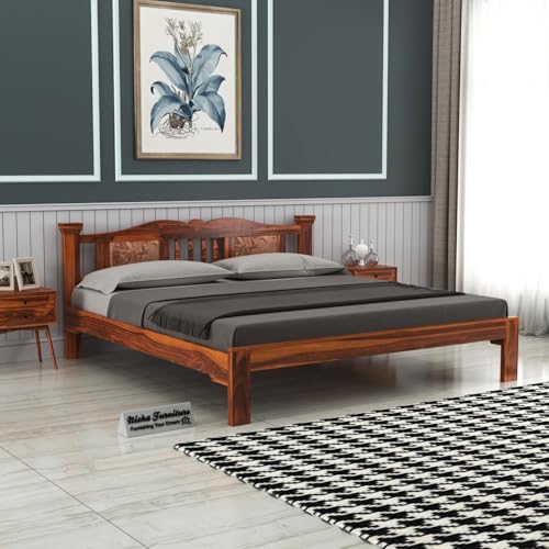 Image of King Size Bed Frame with Headboard | Wooden Bed | Natural Teak Finish | Palang Khat Style | Sheesham Wood | Queen Size & Double Bed Options