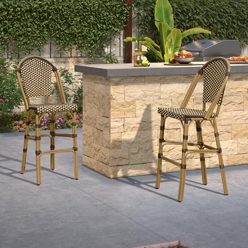 Image of PURPLE LEAF French Bar Stool Set of 4 Bamboo Print Finish Patio Bar Stools with Back Rattan Chairs Wicker Bar Height Stool 30 inch with Footrest Kitchen Island Stools Outdoor Barstool Brown