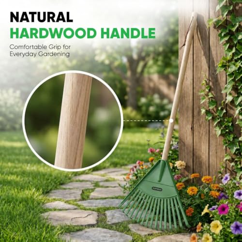 Image of Rakes with Hardwood Handle, Durable Plastic Head to Sweep Leaves in Lawn and Tidying Up The Garden, 34 inch (Green), 6 Pack