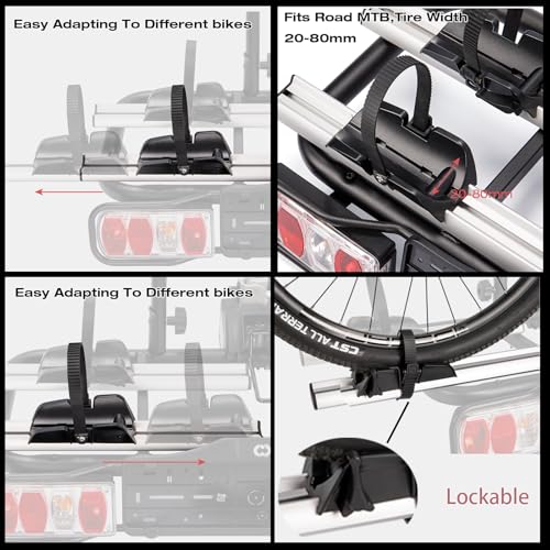Bicycle Carrier for Towing Hitch 2 Bicycles E-Bike 60 kg Foldable, Car Bicycle Carrier Towing Hitch with Rear Light and Number Plate Holder, Lockable, Coupling Carrier for Ebike