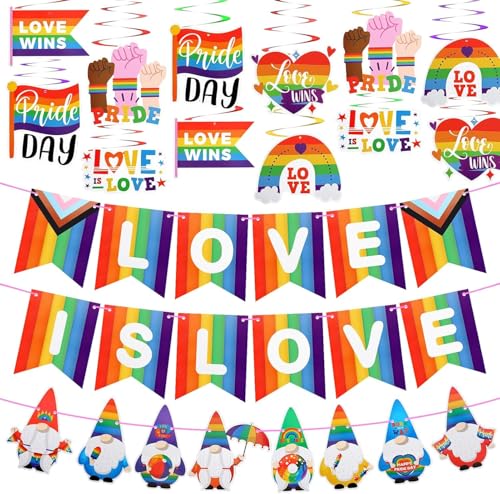 Image of Gay Pride Rainbow Party Decorations - Hanging Swirls & Banners, Love is Love Pride Month Decor for Lesbian Bisexual Transgender LGBTQ Home Office(44PCS)