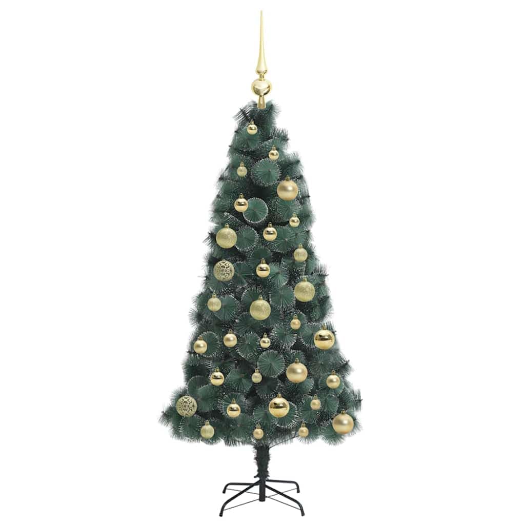 Árbol de Navidad artificial iluminado de 120 cm con juego de bolas, 150 luces LED de color blanco cálido, cono PET duradero para uso en interiores y exteriores, conexión USB fácil