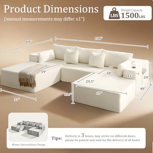 Image of 108 inch Cloud Sectional Couch, Comfort U Shaped Boneless Couch for Living Room, Extra Deep Seats No Assembly, Minimalist Modular Sofa, Corduroy (Cream, 2 Seater+Right Facing Chaise+Ottoman)