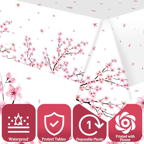 Image of Ganeen 3 Pcs Cherry Blossom Tablecloth Disposable Plastic Table Covers Cherry Waterproof Tablecloths for Baby Shower Birthday Party Decor, 54 x 108 Inch