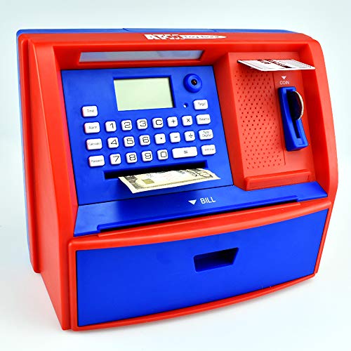 ATM Savings Bank for Real Money, Piggy Bank with Password Lock, Money Playing Toy, Stem Coin Bank Auto Scroll Paper Money, Great Gift for Kids (Blue)