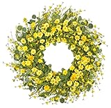 GRBAMBI 24 Inch Artificial Daisy Flower Spring Wreath with Eucalyptus Green Leaves Wreath Farmhouse Wreath for Front Door Wall Home Party Decorations