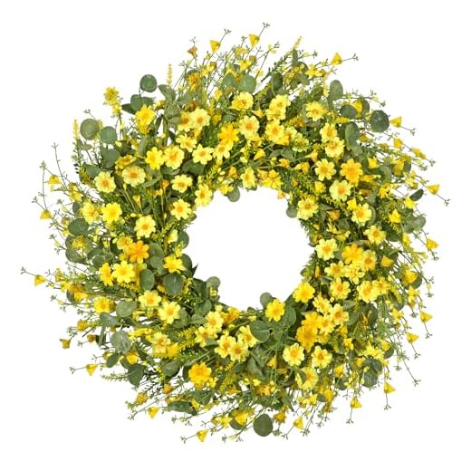 GRBAMBI 22 Inch Artificial Daisy Flower Spring Wreath with Eucalyptus Green Leaves Wreath Farmhouse Wreath for Front Door Wall Home Party Decorations