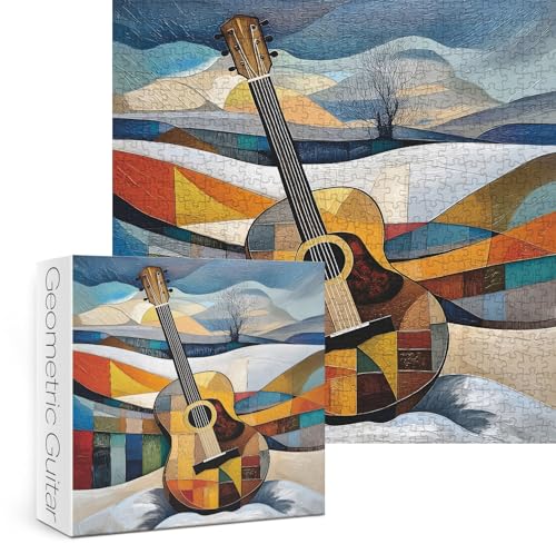 Rompecabezas de guitarra geométrica colorida para adultos, 1000 piezas. Rompecabezas de puzle musical con tema de guitarra. Rompecabezas artísticos desafiantes, coloridos y frescos de instrumentos musicales. miniatura 2