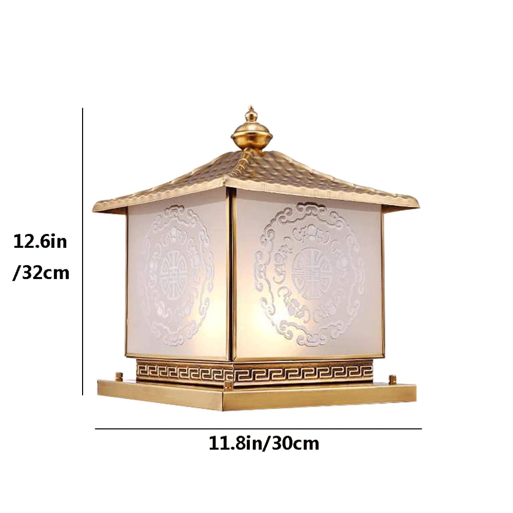 HZWJIA All Brass Outdoor Pillar Lamp New Chinese Hardwired Hotel Villa Patio Pillar Head Lamp Outdoor Square IP65 Rated Waterproof Bollard Light with Glass Shade Suitable for Garden Fence Lawn Pillar
