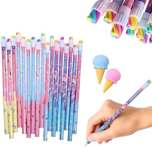 Toyshine Pack of 12 Set HB Graphite Rubber Tipped Pencils with Ice Cream Shaped Eraser Suitable for School Kids Art Drawing Drafting Sketching Shading