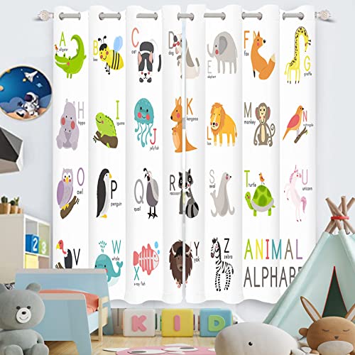 White Window Curtain Panels Blackout Curtains For Kids Bedroom Classroom Abc Learning Drapes Kids Baby Boy Children Animal Toddler Cartoon Education Dining Living Room Waterproof Fabric 21”×63” #TOP1