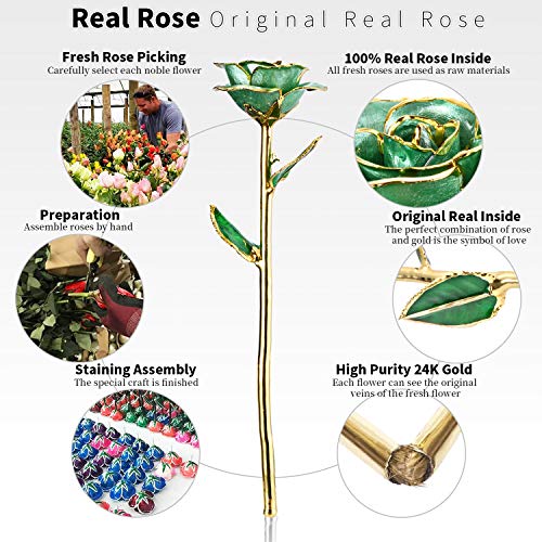 Image of Gift for her Rose, 24k Golden Rose Made from Real Rose Great Gifts for her and Best Gifts for Wife, Green with Stand