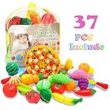 Glonova Play Food Cutting for Toddlers Kids, 37 Pcs Kitchen Toys Cutting Vegetables Fruits with Pizza Play Food Set Pretend Cutting Food Playset with Carry Bag for Children Girls Boys