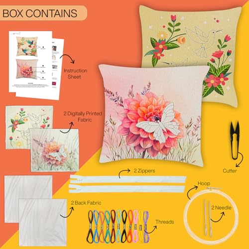 Image of picknMAKE Pack of 2 DIY Cushion Cover Hand Embroidery Kit for Beginners & Adults | 16 inchx16 inch Cross-Stitch Pillow Covers with Printed Fabric, Threads, Needle & More | All Materials Included