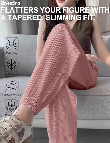 Image of Venzina Track Pants for Women Joggers Pants for Women 5C Ice Silk Cooling Tapered Slimming Ankle Pants with Elastic Waistband for Gym Workout Running Travel
