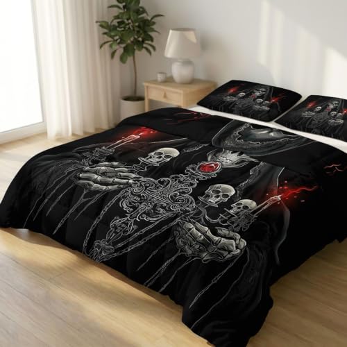 Edredón de verano negro Super King, colcha reversible ligera de calavera de terror, agradable al tacto, ropa de cama para niños y adultos, lavable a máquina