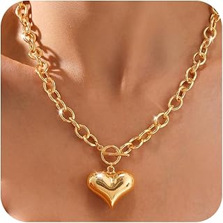 Carffordo Gold Heart Necklace for Women – Chunky 14K Gold Plated Heart Pendant Necklace with Toggle Clasp, Oval Link Chain, Trendy Dainty Non Tarnish Love Jewelry Gift
