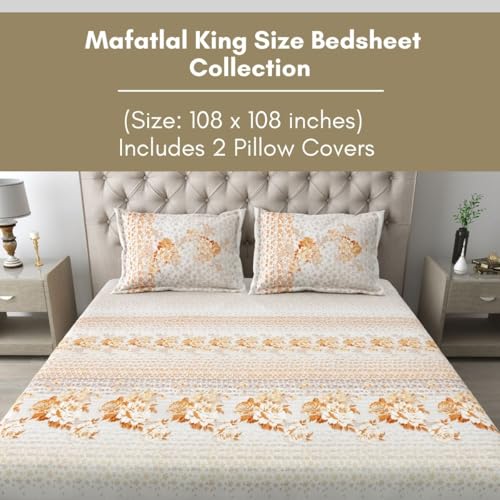 Image of Mafatlal 186 TC Spring Glory King Size Cotton Bedding | 274 x 274 cm | Summer Sweat-Absorbing mancham chadar for Breathable Sleep Comfort | Set with 2 Pillow Covers | Golden Orange