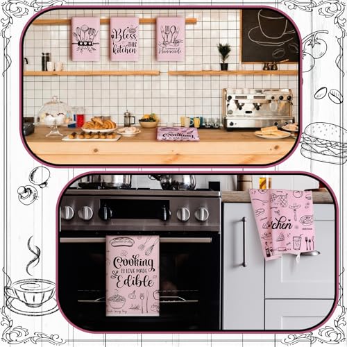 Image of Bencailor 6 Pcs Pink Kitchen Towels Decorative Sets Dish Towels Absorbent Fast Drying Hand Tea Vintage Hanging Reusable Cleaning Dishcloths for Cooking Farmhouse Bathroom Accessory