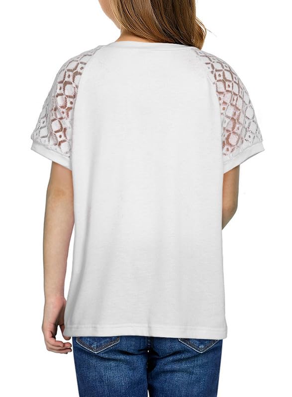 Image of DOKOTOO KIDS Girls Fashion Lace Short Sleeve Shirts Casual Button Crewneck Blouses Tops 6-15 Years