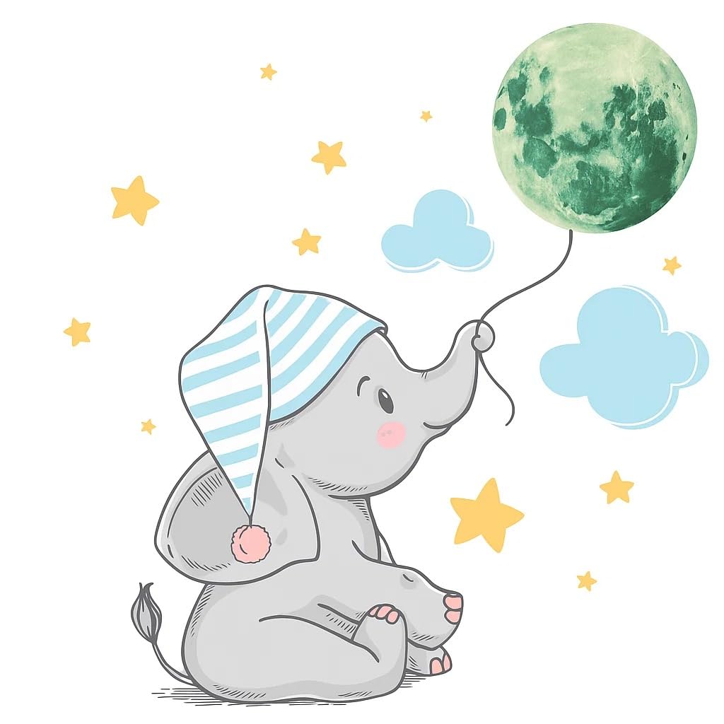 Vinilo Decorativo Infantil Elefante con Luna Brillante – Adhesivo de Pared Personalizable para Habitación de Niños, Guardería o Zona de Juego – Fácil de Aplicar y Remover sin Daños