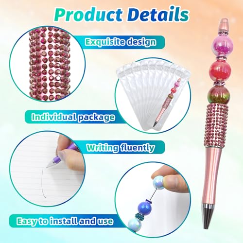 Image of 150 Pcs DIY Diamond Beadable Pen Kit - 50 Plastic Rhinestone Beaded Pens Bulk with Refills & Bags - Fancy Cute Glitter Pens for Crafting, Students & Teachers - School Supplies (Pink)