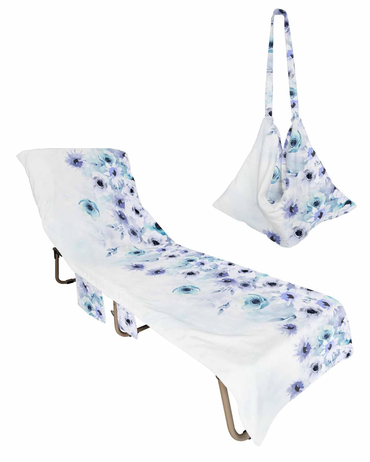 Blue Purple Spring Floral Beach Lounge Chair Towel Cover, Soft Chaise Lounge Towel with Side Pockets Patio Pool Chairs Cover for Beach/Pool Sunbathing 29x85 Elegant Chic Watercolor Botanical