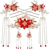 Traditional Chinese Wedding Hair Accessories, Red and Pink Pearl Flower Tassel Hairpins with Gold Chain, Vintage Hanfu Style Hair Clips, 5 Piece Set