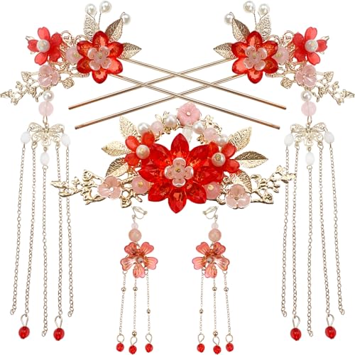 Traditional Chinese Wedding Hair Accessories, Red and Pink Pearl Flower Tassel Hairpins with Gold Chain, Vintage Hanfu Style Hair Clips, 5 Piece Set